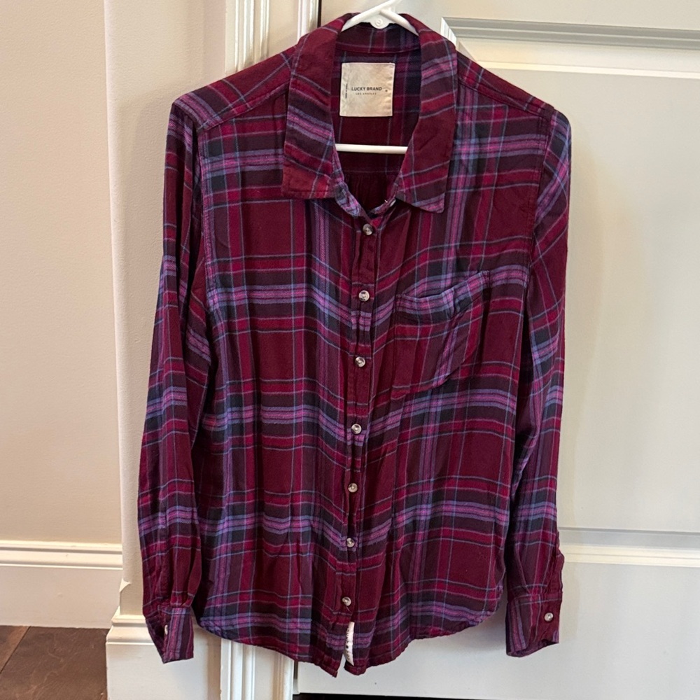 Womens Lucky Brand Burgundy Plaid Button Down Shirt Medium